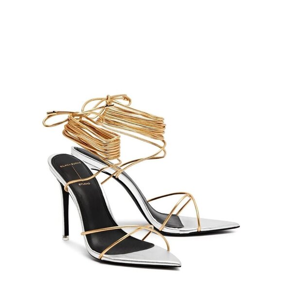 Black Suede Studio Talia Heel Pointy Sandal in Silver Gold 39 New with Box Women - Picture 1 of 15